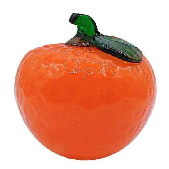 Murano Other - Vintage Murano Glass Orange Fruit Decor Stem Leaf Dimples Bright Orange 3x3"